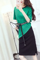 Green and Black Stripe Knitted Seem-Two Stripe Contrast Linking  Knee Length Dress for Casual Office