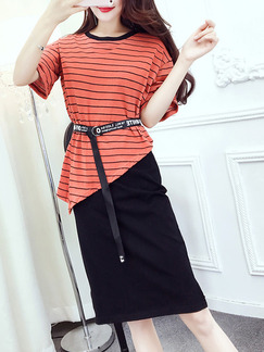 Orange and Black Stripe Knitted Seem-Two Stripe Contrast Linking  Knee Length Dress for Casual Office