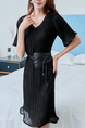 Black Chiffon Slim A-Line Pleated Above Knee V Neck Dress for Casual Office Party