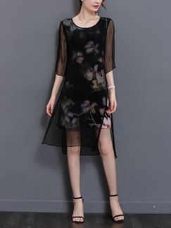 Black Chiffon Plus Size Loose See-Through Printed Furcal Knee Length Floral Dress for Casual Party Evening