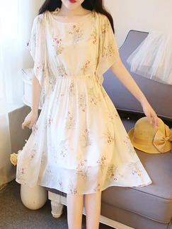 White Chiffon Bat A-Line Band Adjustable Waist Printed Knee Length Dress for Casual