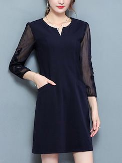 Blue and Black See-Through V Neck Slim Plus Size Linking Chiffon Twist Pattern Above Knee Dress for Casual Office Evening