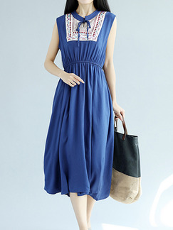 Blue Plus Size Literary Stand Collar Embroidery Band Adjustable Waist Midi Dress for Casual
