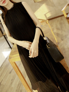 Black Chiffon Loose Stand Collar Pleated  Dress for Casual