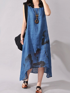 Blue Flax Loose Plus Size Located Printing Asymmetrical Hem Maxi Dress for Casual
