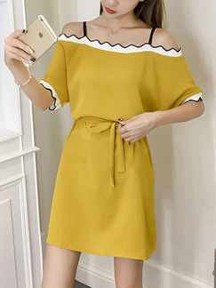 Yellow Loose Off-Shoulder Contrast Linking Band Slip Above Knee Dress for Casual Party