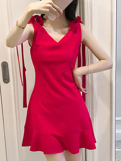 Red Slim A-Line V Neck Band Ruffled Above Knee Plus Size Dress for Casual Party Nightclub