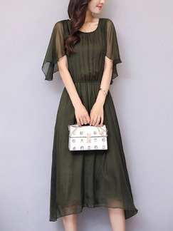 Green Chiffon Plus Size Ruffled Adjustable Waist Midi Dress for Casual