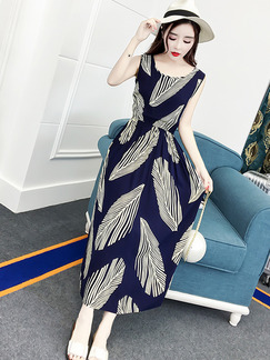 Blue and Beige Plus Size Slim A-Line Round Neck Printed Adjustable Waist Maxi Dress for Casual Beach