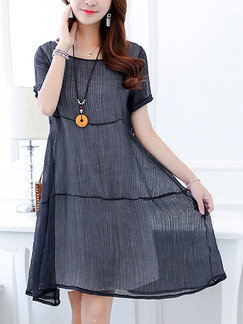 Blue Plus Size Literary Loose Round Neck Linking Pleated Knee Length Dress for Casual Party Office Evening