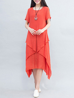 Red Orange Literary Plus Size Loose Round Neck Two-Layered Midi Dress for Casual