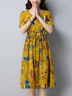 Yellow Colorful Literary Plus Size Loose Round Neck Printed Knee Length Dress for Casual Party