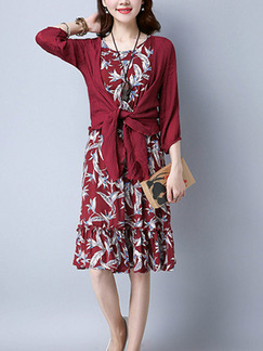 Red Plus Size Literary Two-Piece Round Neck Adjustable Waist Printed Pleated Knee Length Dress for Casual Party Office