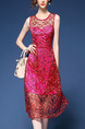 Pink Lace Printed Slim A-Line See-Through Midi Plus Size Cute Dress for Casual Party Evening