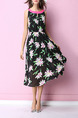 Black and Pink Chiffon A-Line Printed Contrast Linking Adjustable Waist Floral Midi Plus Size Dress for Casual Beach Party