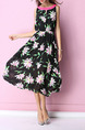 Black and Pink Chiffon A-Line Printed Contrast Linking Adjustable Waist Floral Midi Plus Size Dress for Casual Beach Party