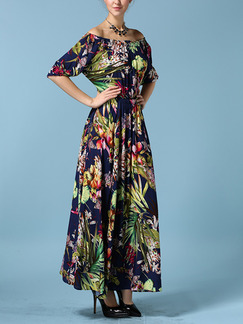 Colorful A-Line Printed Multi-wear Furcal Adjustable Waist Off Shoulder Maxi Floral Dress for Casual Evening Semi Formal