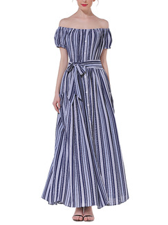 Blue and White Stripe Full Skirt Off-Shoulder Buckled Plus Size Dress for Casual Evening Semi Formal