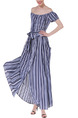 Blue and White Stripe Full Skirt Off-Shoulder Buckled Plus Size Dress for Casual Evening Semi Formal