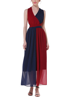 Blue and Red Chiffon V Neck Open Back Contrast Linking Band Full Skirt Plus Size Dress for Party Evening Semi Formal Cocktail