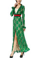 Green Slim Lace Zipped Ruffled Contrast Linking Plus Size Maxi Long Sleeve Dress for Ball Semi Formal