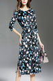 Blue Colorful Velvet Plus Size Printed Furcal Adjustable Waist Knee Length Dress for Casual Party Evening