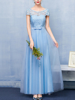 Blue Lace Linking Mesh Butterfly Knot Open Back Dress for Bridesmaid Prom