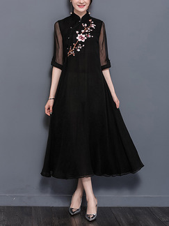 Black Chiffon Chinese Plus Size Embroidery Furcal Loose Midi Dress for Casual Evening Office