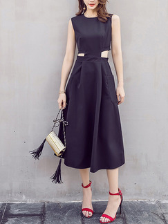 Black Plus Size Slim Cutout A-Line Midi Dress for Casual Office Party Evening