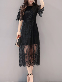 Black Lace A-Line See-Through Adjustable Waist Plus Size Midi Dress for Semi Formal Party Evening