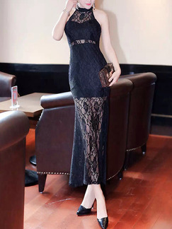 Black Lace Stand Collar Off-Shoulder Fishtail See-Through Halter Dress for Semi Formal Cocktail Prom Ball