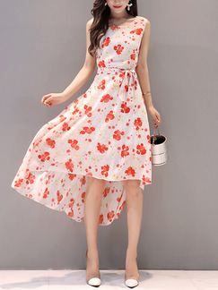 White and Red Chiffon Slim Band A-Line Printed Asymmetrical Hem Midi Plus Size Dress for Casual Party Evening