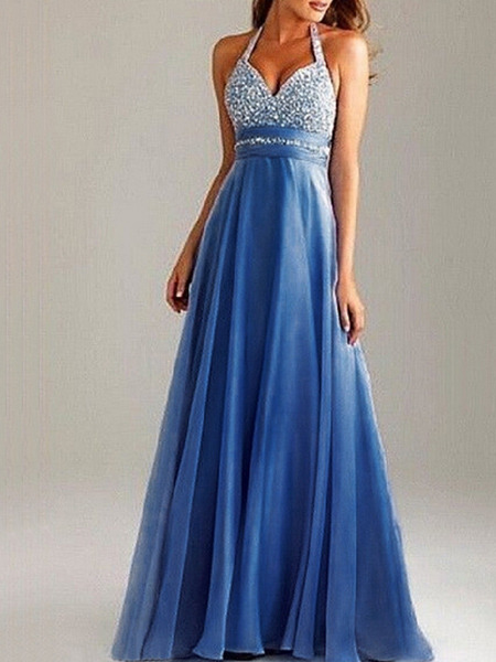 Blue and Silver Chiffon V Neck Open Back Contrast Linking  Maxi Plus Size Dress for Prom Cocktail Ball Evening
