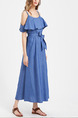 Blue Denim Off-Shoulder Loose Ruffled Band Plus Size Slip Maxi Dress for Casual