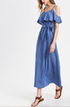 Blue Denim Off-Shoulder Loose Ruffled Band Plus Size Slip Maxi Dress for Casual