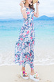 White Blue  and Pink Chiffon Printed Off-Shoulder Full Skirt Maxi Slip Dress for Casual Beach