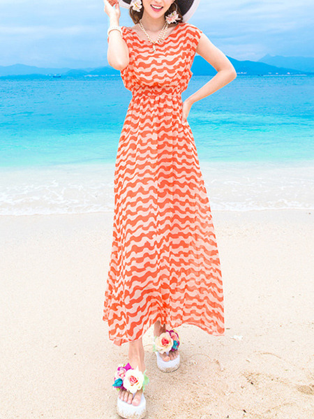 Orange Chiffon Printed Adjustable Waist Full Skirt Maxi Dress for Casual Beach