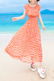 Orange Chiffon Printed Adjustable Waist Full Skirt Maxi Dress for Casual Beach