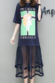 Blue Knitted Linking Mesh Plus Size Loose Located Printing See-Through Midi Dress for Casual
