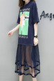 Blue Knitted Linking Mesh Plus Size Loose Located Printing See-Through Midi Dress for Casual