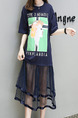 Blue Knitted Linking Mesh Plus Size Loose Located Printing See-Through Midi Dress for Casual