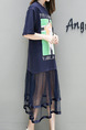 Blue Knitted Linking Mesh Plus Size Loose Located Printing See-Through Midi Dress for Casual