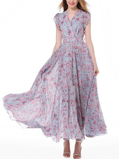 Blue and Pink Chiffon Full Skirt Slim Printed V Neck Bubble Sleeve Plus Size Dress for Casual