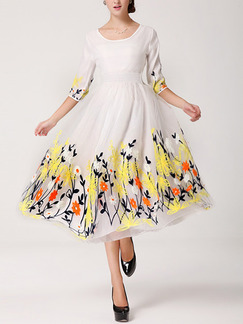 White Colorful Slim Full Skirt Mesh Embroidery Pleated Floral Dress for Casual Party Evening