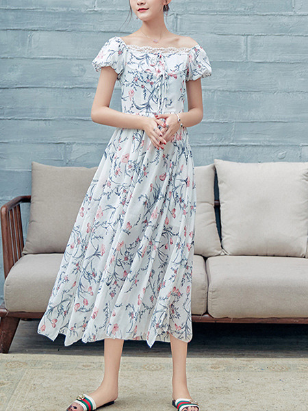 White Colorful Slim Full Skirt Printed Linking Lace Band Furcal Plus Size Floral Off Shoulder Dress for Casual Beach