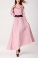 Pink Cowl Neck Slim Full Skirt Off-Shoulder Contrast Linking Lace Adjustable Waist Long Sleeve Cute Plus Size Dress for Casual Evening Office