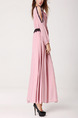 Pink Cowl Neck Slim Full Skirt Off-Shoulder Contrast Linking Lace Adjustable Waist Long Sleeve Cute Plus Size Dress for Casual Evening Office