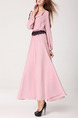 Pink Cowl Neck Slim Full Skirt Off-Shoulder Contrast Linking Lace Adjustable Waist Long Sleeve Cute Plus Size Dress for Casual Evening Office