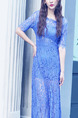 Blue Lace Slim Furcal A-Line See-Through Plus Size Dress for Casual Party Evening