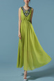 Green Chinese Full Skirt Slim Bead Embroidery Adjustable Waist Dress for Casual Party Evening